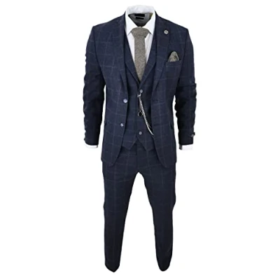 Image of Men&#039;s 3 Piece Suit Wool Tweed Navy Blue Brown Check 1920s Gatsby Formal Dress Suits 36