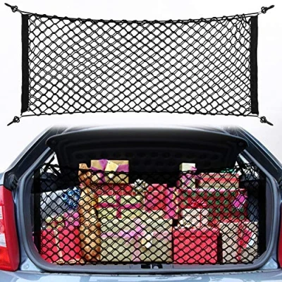 Image of Haofy Cargo Net, 100 x 40CM Car Boot Net Adjustable Elastic Trunk Organizer Nylon Mesh Rear for Car, Van, SUV, Truck Bed, with 4 Hooks