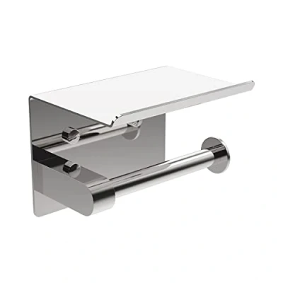 Image of Ibergrif MK34053 Chrome Toilet Paper Roll Holder with Shelf, Wall Mounted or Self Adhesive, for Bathroom Kitchen, Stainless Steel, Silver