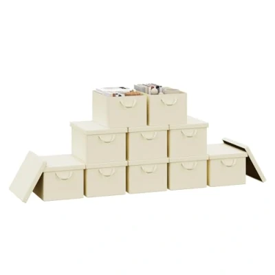Image of WOLTU Storage Boxes Set of 10, Baskets, Cubes with Handles and Lid, Fabric Folding Baskets for Shelves in Bedroom, Study, Children&#039;s Room, Metal Frame, Cream, 43x26x33 cm