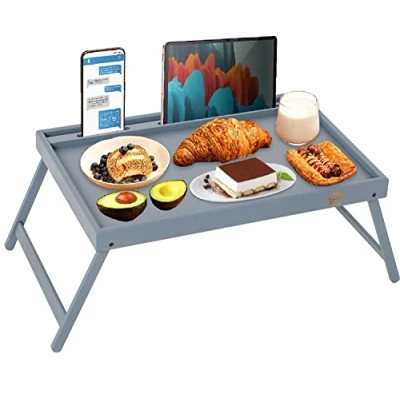 Image of Bamboo Wooden Breakfast Serving Tray Bed Table With Folding Legs For Bed, Eating, Dinner, Sofa, Working, Reading Slot Phone Tablet Snack Ideal Laptop Desk (Grey)