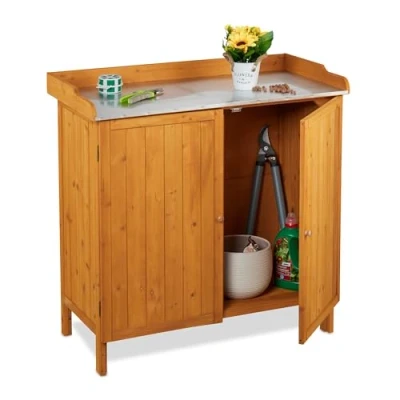 Image of Relaxdays Potting Bench with Cupboard, Wood, Pewter Top, 94 x 47 cm, Garden Planting &amp; Germination Table, Orange, Metal