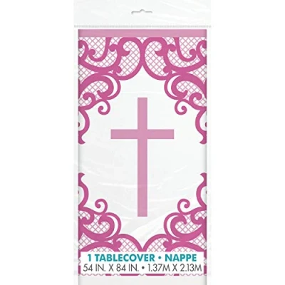 Image of Fancy Pink Cross Rectangular Plastic Table Cover (137cm x 213cm) Perfect for Parties, Events &amp; Celebrations 1 Pack
