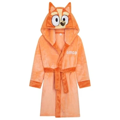 Image of Bluey Girls Fleece Dressing Gown with Hood and Tie Waist, Cosy Robe Gifts for (Orange, 18 24 Months)