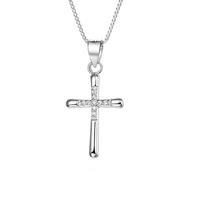 Image of Belons Women Girls Necklace 925 Sterling Silver Cubic Zirconia Cross Pendant 18&quot; Chain