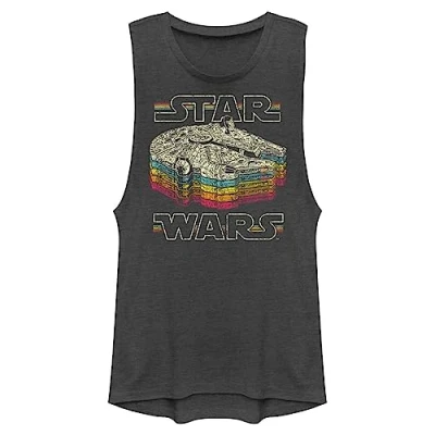 Image of STAR WARS Junior&#039;s A New Hope Millennium Falcon Retro Rainbow Stack Festival Muscle Tee, Charcoal, S