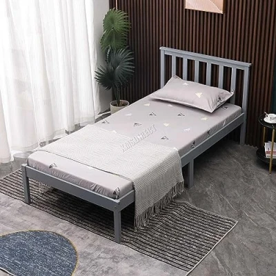 Image of WestWood Single Bed Solid Pine Frame Headboard Durable Shaker Style Low Foot End Wooden Platform With Wood Slat Support Bedroom Furniture Strong Legs Adults Kids Teenagers Grey