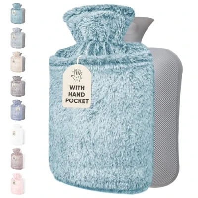 Image of Qomfor Hot Water Bottle with Cover Premium Fluffy Faux Fur Kangaroo Pocket 1.8l Large Bag for Pain Relief, Neck and Shoulders, Hands Feet, Cosy Nights (Green)