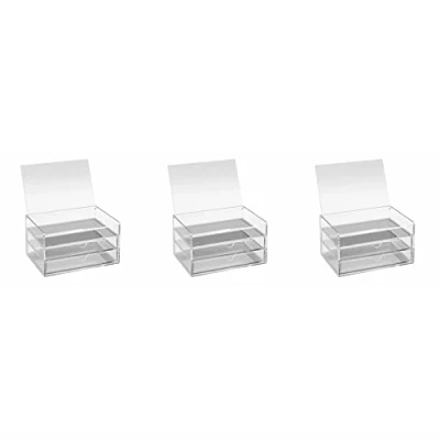 Image of OSCO Clear Acrylic 3 Drawer Chest with Flip Up Lid Pack Pin Storage Jewellery Paperclips Crayons Short pens Small Stationery H10 x W19 D14 cm