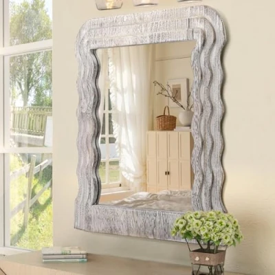 Image of Wall Mirror Irregular Wavy Wood Frame for Vanity Mirrors Decorative Bedroom Living Room Bathroom Entryway Hallway Unique Hanging Brown
