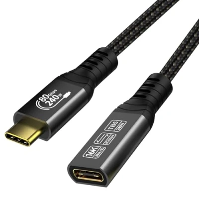 Image of [80Gbps Data Sync] Compatible with Thunderbolt 5 Extension Cable Support 240W Charging and 16K/ 8K Display Backward 4/3 USB4 USB C 3.2/3.1 Devices, Black (0.5m)