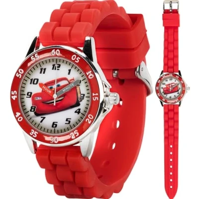 Image of Disney Kids&#039; CZ1009 Time Teacher Cars Lightning McQueen Round Watch with Red Rubber Strap