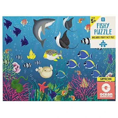 Image of Talking Tables 100 Piece Fish Puzzle for Kids with Matching Poster &amp; Ocean Fact File Educational Games Children, Toddler Toys, Birthday Present, FISHPUZZLE