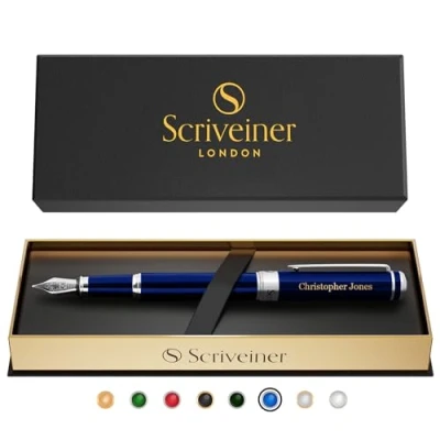 Image of Scriveiner Personalised Midnight Blue Pen Stunning Lacquer Luxury Pen, Chrome Finish, German Schmidt Nib (Medium), Best Engraved Fountain Gift Set for Men &amp; Women, Name Engraving