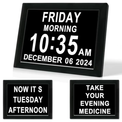 Image of Johnziny Dementia Clock 8 inch Calendar Day Date Alarms,Auto Dim, Extra Large Non Abbreviated Alzheimer Memory Loss Vision Impaired for Seniors Elderly