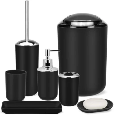 Image of IMAVO Bathroom Accessories Set, 6 Piece Plastic Gift Toothbrush Holder, Cup, soap Dispenser, Dish, Toilet Brush Trash can (Black)