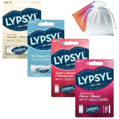 Image of Lypsyl Lip Balm Moisturiser 4.2g Original, Cherry &amp; Almond, Coconut Strawberry Pomegranate Pack of 4 and Organza Bag, Thank You Card