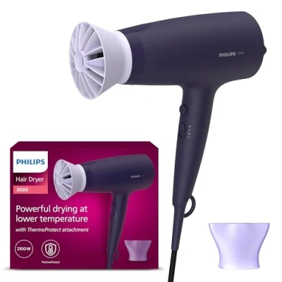Image of Philips Hair Dryer 3000 Series, ThermoProtect Attachment, with Nozzle, 2100W, Model BHD340/13