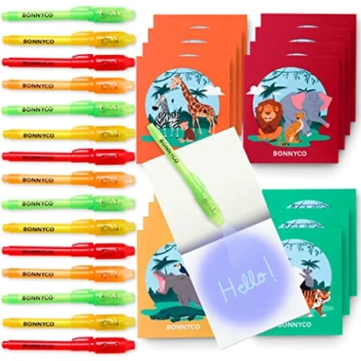 Image of BONNYCO Invisible Ink Pen and Notebook, Pack 16 Jungle Animals Party Bags Filler, Pinata Toys Birthday Decorations Stocking Fillers for Kids School Prizes Gifts Children