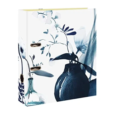 Image of Clairefontaine 115935C A Lever Arch File in Cardboard with Floral Motifs Painted Blue Ink Spine 70mm A4 maxi Satin Finish Paper Home Office Inkebana Collection