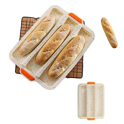 Image of Baguette Baking Tray (for 3 baguettes) Silicone French Bread Mould Non Stick Style Loaf Molds for Breads, 34x24cm