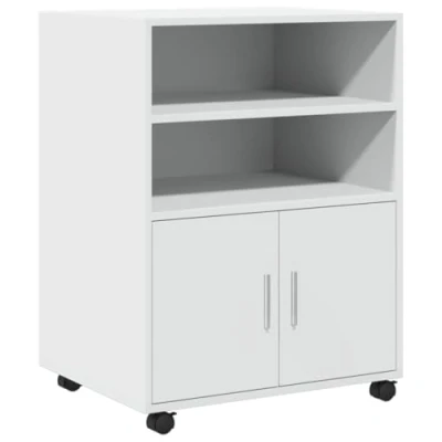 Image of vidaXL Rolling Cabinet File Storage, White Engineered Wood, Swivel Wheels, Shelves &amp; Doors 60x48x81 cm Perfect for Living Room, Kitchen, Bedroom