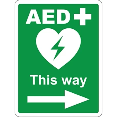 Image of AED Safety sign Automated External Defibrillator this way right directional arrow emergency 1mm Plastic (600mm x 400mm)