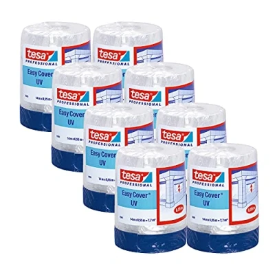 Image of tesa Easy Cover 4369 UV Pack of 8 Painter&#039;s Film with Fabric Tape for Masking and Covering Outdoor Use 2 in 1 Blue/Matte 14 m x 0.55
