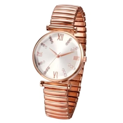 Image of JewelryWe Stretch Elastic Strap Watch: Ladies Black Analog Quartz Easy to Read Diamond Roman Numeral Scale Hard Stainless Steel Bracelet Elegant Casual Women Wrisrt Watch