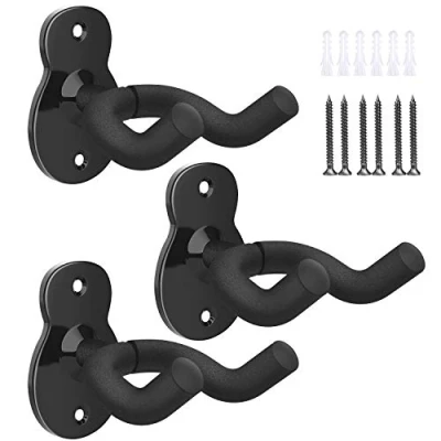 Image of MoKo Guitar Wall Mount Hanger 3 Pack, Hook Holder Stand for Bass Electric Acoustic Ukulele Bracket Studio Room Black
