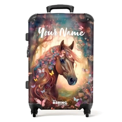 Image of NoBoringSuitcases.com® Children&#039;s Luggage Kids Suitcase for Girls Personalised Large 26 28 inch Horse with Flowers Hard Shell Trolley Children On Wheels 23kg
