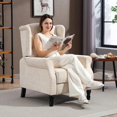 Image of HOMCOM Recliner Armchair, Vintage Reclining Chair with Nail Head Trim, Wingback Button Tufted Back and Footrest, for Living Room, Beige