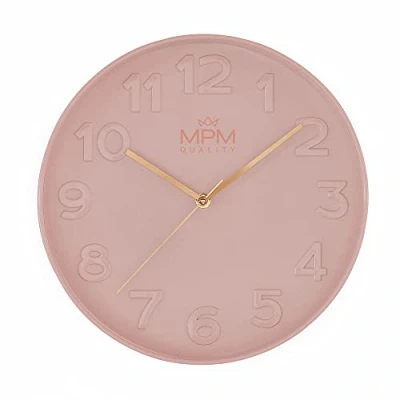 Image of MPM Quality Design Wall Clock, Pink, Modern Plastic Glass, Quartz Movement Sweep, 305 x 42 mm, for Living Room, Bedroom, Kitchen, Office and in Any Room
