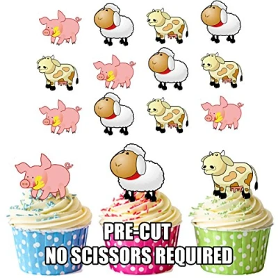 Image of AK Giftshop PRE CUT Cartoon Farm Animals Mix Pig Cow Sheep Edible Cupcake Toppers/Cake Decorations (Pack of 12)