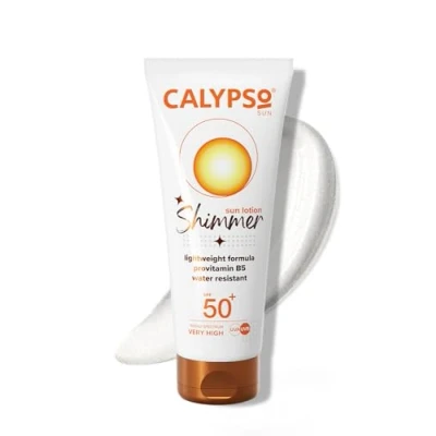 Image of Calypso Shimmer Sun Lotion SPF50 + Very High UVA UVB Protection, Water Resistant, Shimmering Protection for Face and Body, 100ml