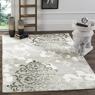 Image of SAFAVIEH Floral Glam Damask Rug for Living Room, Dining Bedroom Adirondack Collection, Short Pile, in Silver and Ivory, 122 X 183 cm