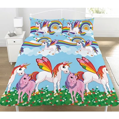 Image of KidCollection Rainbow Unicorns Single/Double Reversible Duvet Cover Bed Set (Double Cover)