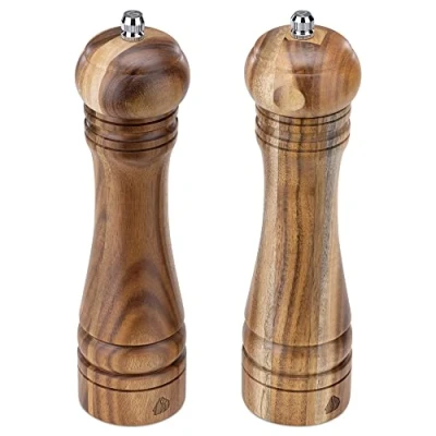 Image of Navaris Salt And Pepper Grinder Set Acacia Wood Classic Design Ceramic Wooden Refillable Mill with Stainless Steel Screws 21.3 x 5.5cm