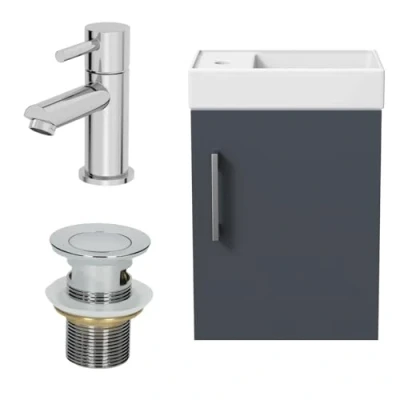 Image of AURORA Modern Bathroom Cloakroom Vanity Unit Wall Hung Basin 400mm Sink 1 Tap Hole Gloss Grey Round Mixer Free Waste