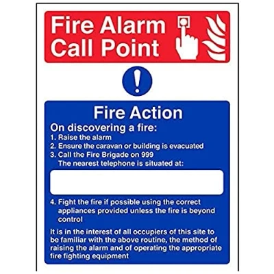 Image of VSafety Caravan Site Fire Action Sign Portrait 150mm x 200mm 1mm Rigid Plastic
