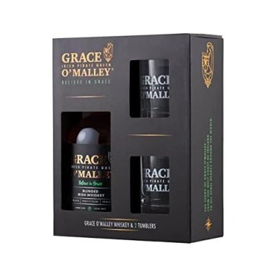 Image of Grace Oâ™Malley Blended Irish Whiskey, 40% ABV, 70cl And Two Branded Whiskey Tumblers Gift Pack