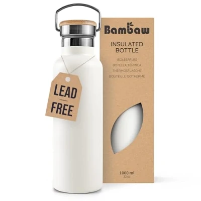Image of Bambaw Insulated Water Bottle 1l, White Bottle, Stainless Steel Leakproof 1 Liter 1l Thermos Polar