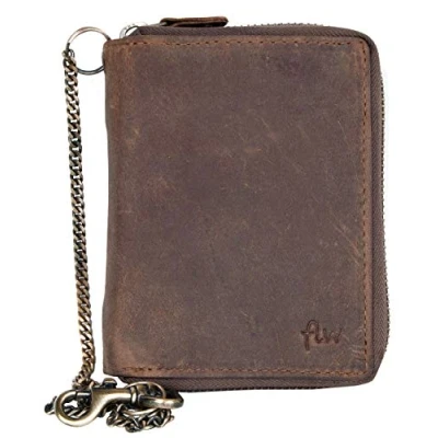 Image of FLW Men&#039;s Natural Strong Genuine Leather Wallet with Metal Zipper Around