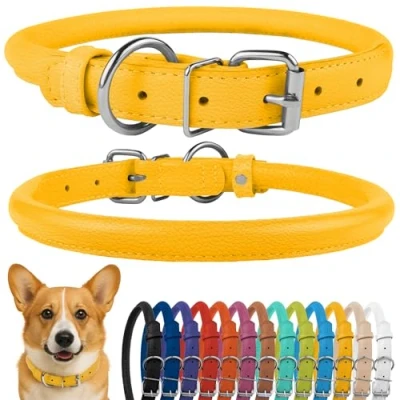 Image of CollarDirect Rolled Leather Dog Collar, Soft Padded Round Puppy Handmade Genuine Collar Small Large Cat Collars Black Pink Red Purple Blue (Fits 15&quot; 18&quot; Neck, Yellow)