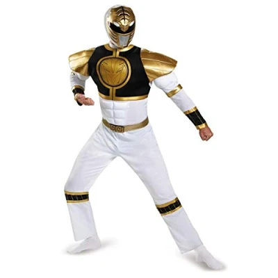 Image of Disguise Official Deluxe Muscle White Power Rangers Costume Adult, Superhero Costumes For Adults Size XL