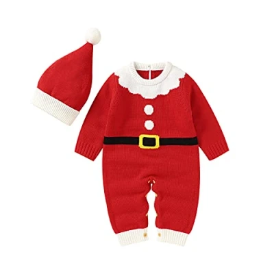 Image of DovFanny Baby Romper Boys Girls Cute Christmas Jumpsuit Winter Knit Reindeer Long Sleeve Warm Outfit for Newborn (Red deer, 9 12Months)