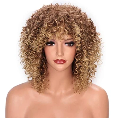 Image of Synthetic Wigs Short Afro Kinky Curly Wig with Bangs Brown Mixed Blonde Hair for Women Heat Resistant Natural 150% Density