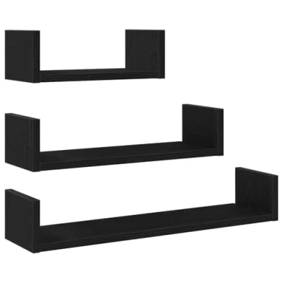 Image of vidaXL black oak engineered wood floating shelves modern wall mounted set of 3 for living room/office/storage 60/45/30 cm