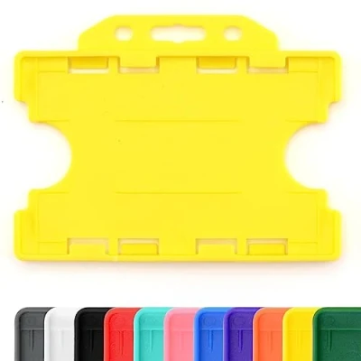 Image of CKB LTD 100x Twin Yellow Double Sided Rigid Slide in Open Faced ID Card Badge Holders Horizontal Landscape Dual Identity Plastic Pass Protector Holds Two Cards 86mm 54mm cr80 Credit Sized