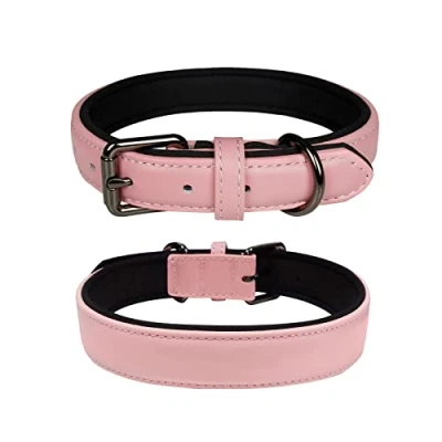 Image of OFHome Leather Dog Collar for Small Medium Large Dogs, Genuine Soft Padded Handmade Pet Collars with Heavy Duty Buckle Dogs Cats, Pink,12.5&quot; 15.7&quot;
